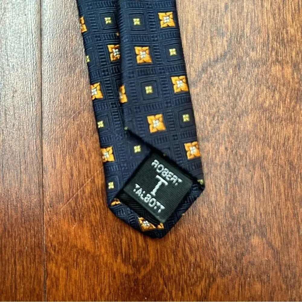 Robert Talbott Carmel Woven 100% Silk Tie, Navy and Orange, Hand Sewn in the USA